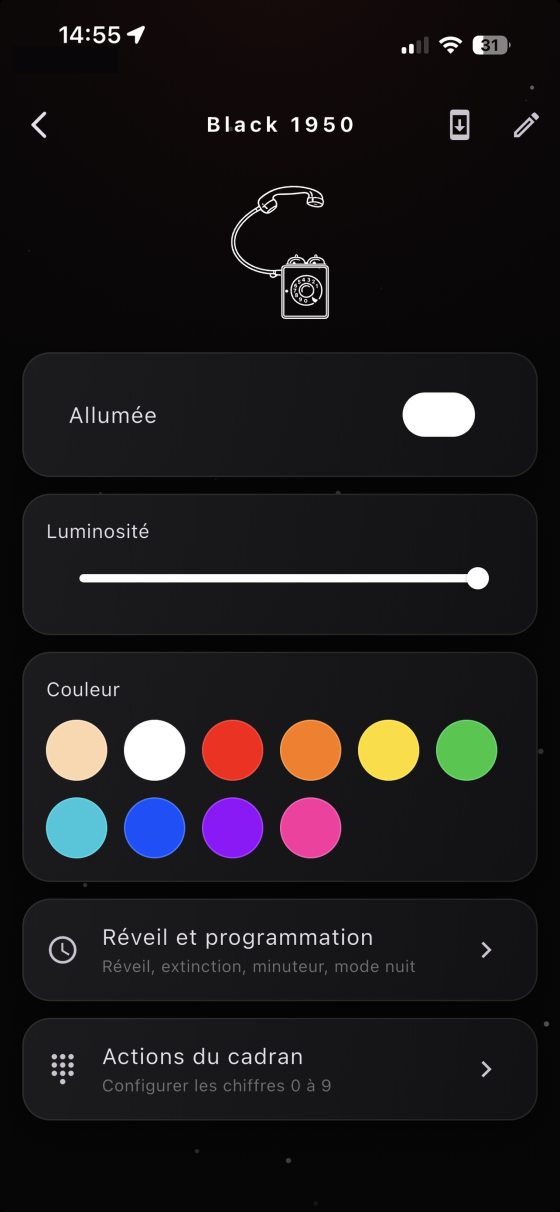 Commande d'une lampe A24 : allumage, luminosité, choix de la couleur, réveil et actions du cadran.