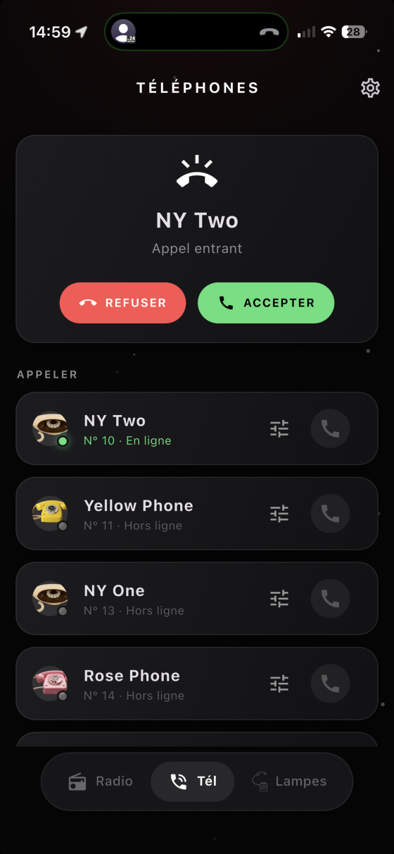 Téléphones A24 : appel entrant avec boutons accepter et refuser, et liste des téléphones de l'installation.
